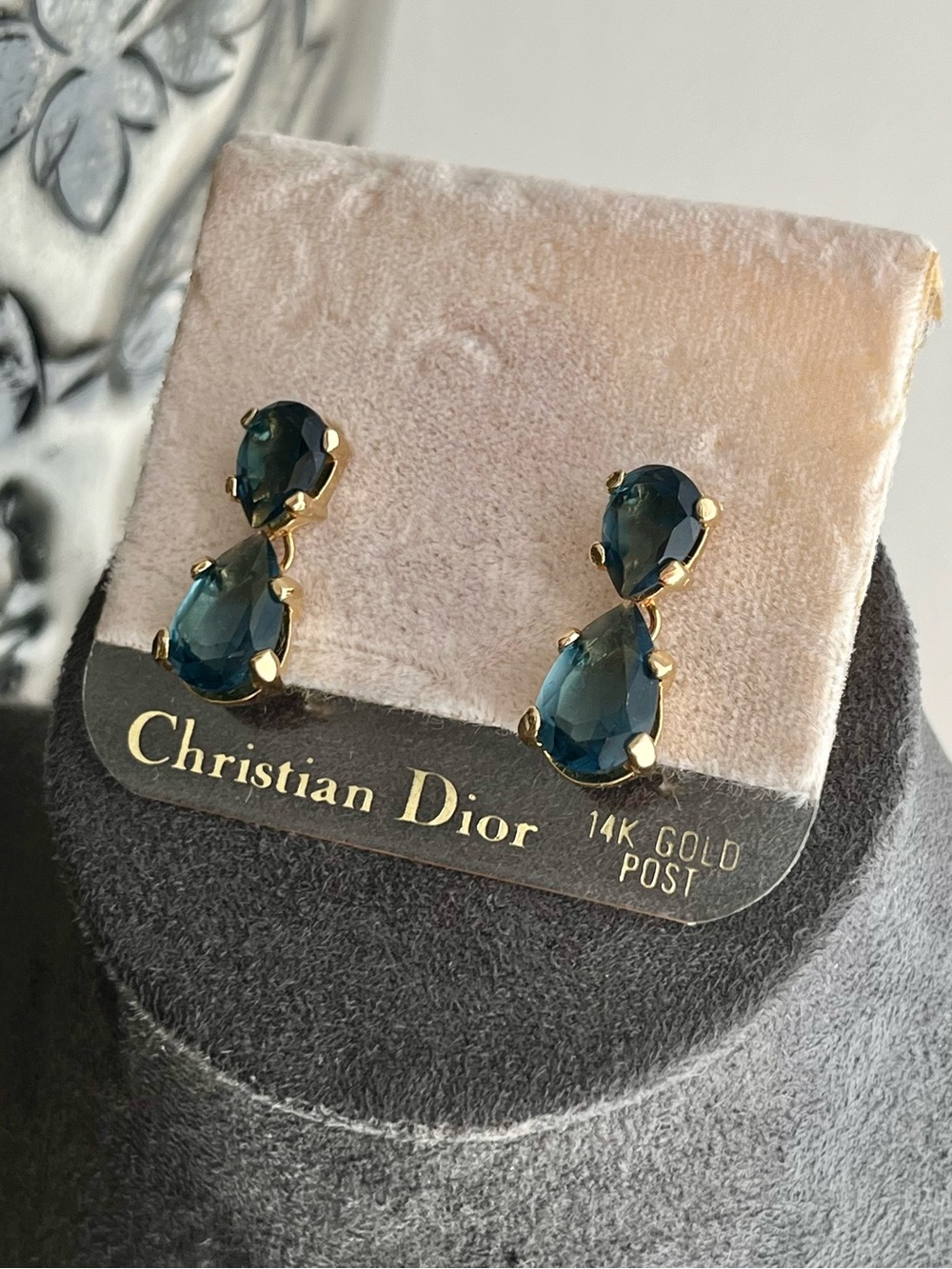 Authentic Vintage Dior Teardrop Blue Rhinestone Drop 14k Gold Post Earrings NWT - Picture 2 of 3